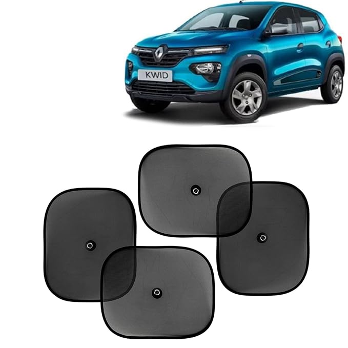 [Size: Renault Kwid (2019 Onwards)] - KINGSWAY Car Window Curtain Sticky Sun Shades Compatible with Renault Kwid, (Year 2019 Onwards), Universal Fit Sunshades for Side Window, Rear Window, Black Color, 4 Pieces