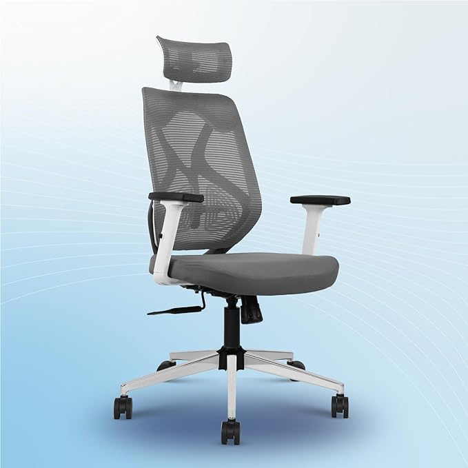 Vergo Transform Prime Mesh Office Chair | High Back Lumbar Support | 2D Adjustable Armrests | Synchro Tilt Lock Recline Mechanism | Heavy Duty Metal Base | Ergonomic Chair for Study, Desk (White Grey)