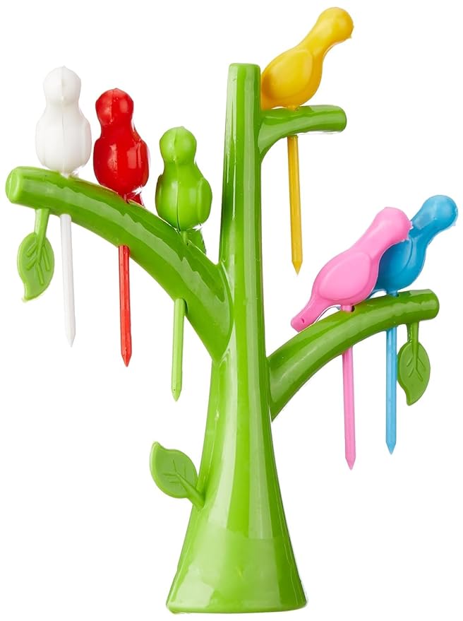 ATEVON Bird Plastic Fruit Fork Pack with Stand, 6-Pieces, Multicolor