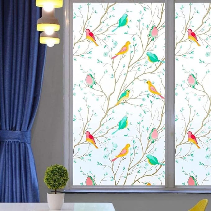 [Size: 12x25 Inch] - Metabox Creations Vinyl Frosted Window Self Adhesive Privacy Glass Film For Window Glass| Decorative Birds Window Sticker Wallpaper Vinyl Sheet (Chirping Birds, 12X25)