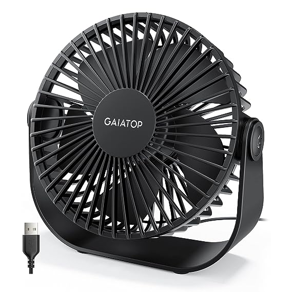 Gaiatop USB Portable Desk Fan, 3 Speeds, Quiet, Small Personal Cooling Table Fan with Strong Airflow For Bedroom Home Office Desktop Travel, 90° Rotate, Black, 5.5 inches