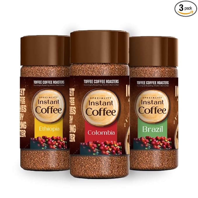 Toffee Coffee Roasters Instant Coffee 50 gm Each - Pack of 3, Assosrted Brazil & Colombia & Ethiopia Instant Coffee | As Seen On Shark Tank | 100% Arabica Coffee Powder | Ready in Seconds | Microground Technology