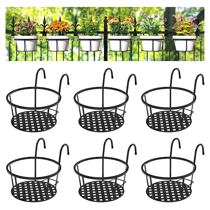 CADANI 6 Pack Hanging Baskets Flower Pot Holder Over The Rail Metal Fence Planters, Black