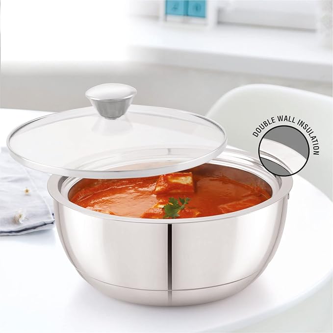 ANJALI EPSB50 Stainless Steel Elite Pro Double Walled Insulated Serving Bowl with Glass Lid 500 ml
