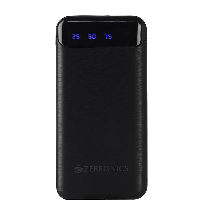 ZEBRONICS MB10000S4 Power Bank, 10000 mAh, 12W, Dual USB Output, Type C & Micro USB Input, Built in Protections, Percentage LED Display, Included USB to Type C Cable, Made in India(Black)