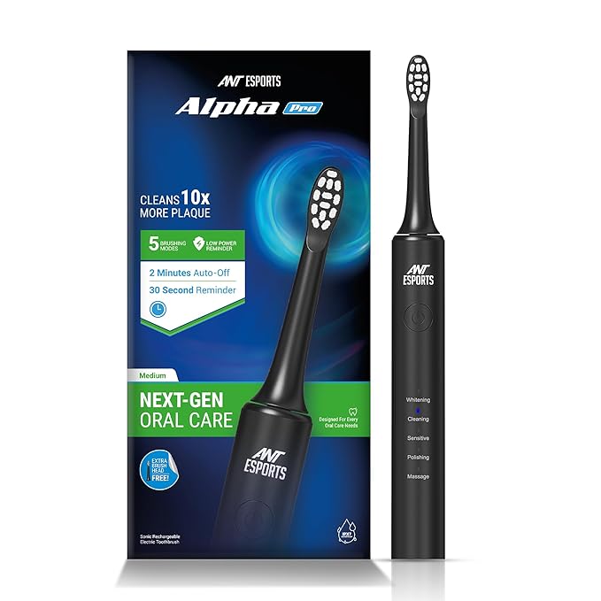 Ant Esports Alpha Pro Sonic Electric Toothbrush with 2 Brush Heads, Sonic Toothbrushes 40,000 VPM, 5 modes - 55!5"5-55'5"5'5 , 55%555'5"5'5 , S55'5,5"5-5"5/5, P5(5%5"5,5!5"5'5 , M55,5,55 5, IPX7, Ergonomic Designs, Fast Charge 4hours last up to 30days, Smart Travel Power Toothbrush for Adult Men & Women  -  Black