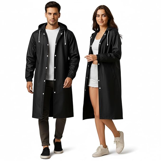 HACER EVA Waterproof Unisex Rain Coat Hooded Full Sleeves Outdoor Men, Women, Boys & Girls Rainwear Poncho Raincoat for Camping, Hiking & Travelling (Black)