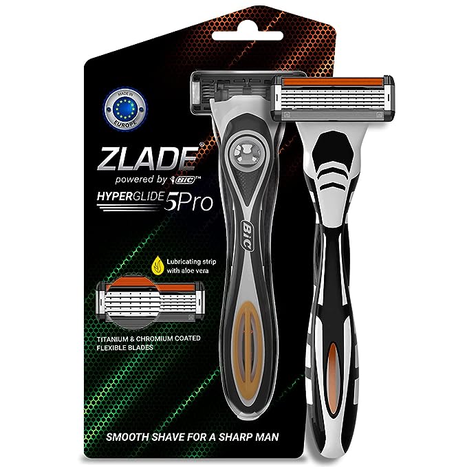 [Apply Coupon] - Zlade HyperGlide5 Pro Shaving Razor For Men | Long Lasting Titanium and Chromium Coated Blades | 1 Razor Handle + 1 Cartridge | Made in Europe by Bic