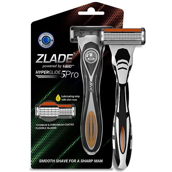 [Apply Coupon] - Zlade HyperGlide5 Pro Shaving Razor For Men | Long Lasting Titanium and Chromium Coated Blades | 1 Razor Handle + 1 Cartridge | Made in Europe by Bic