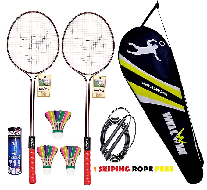 Willwin Double Shaft Badmintion Set of 2 Racket and 1 Fancy Cover and 3 Shuttle and 1 Rope Free