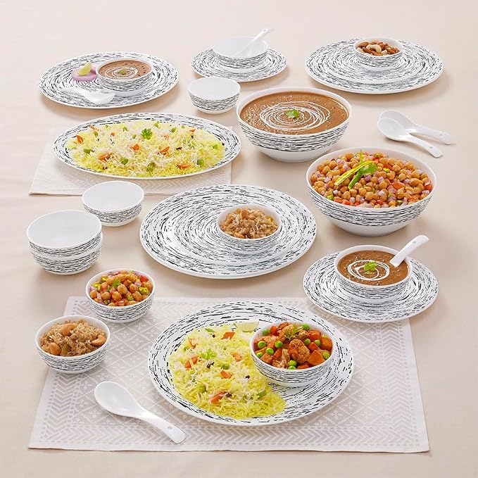 Larah By Borosil Moon Milky Way Dinner Set- 33 Pcs, Opal Glass Dinner Plates & Bowls Crockery Set for Dinning, White