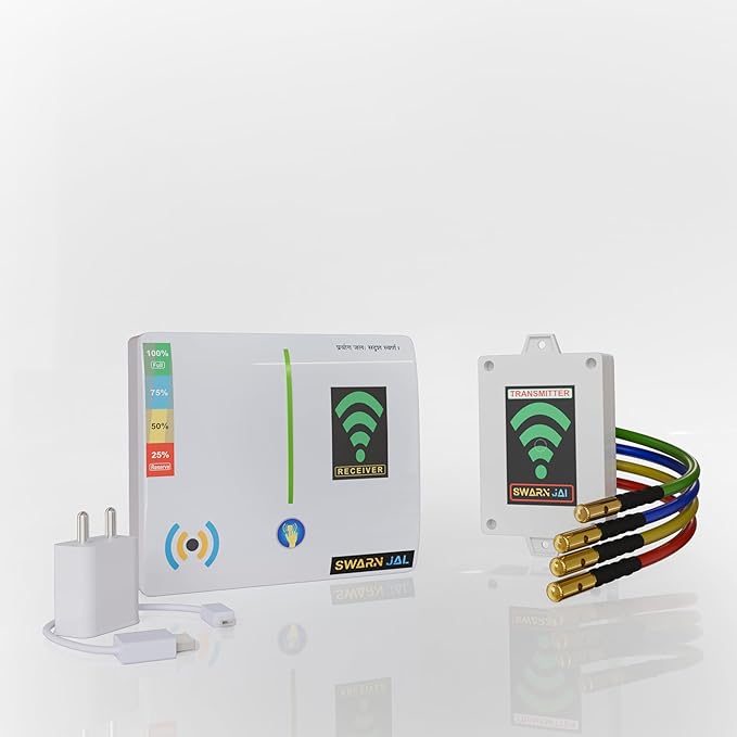 Swarn Jal (Model: WL-A-RA5F) Wireless Liquid Level Indicator with Overflow and Empty Alarm, 4 Levels, Long Range up to 5 Floors / 1 Km, Brass Sensors, (Patented Technology)