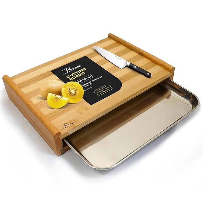 Bmado Homefull Bamboo Cutting Board with Stainless Steel Tray  -  (Medium) Wooden Chopping Board with Pull-Out Sliding Drawer Container (32 x 22 x 6 cm) for Kitchen & Food Prep