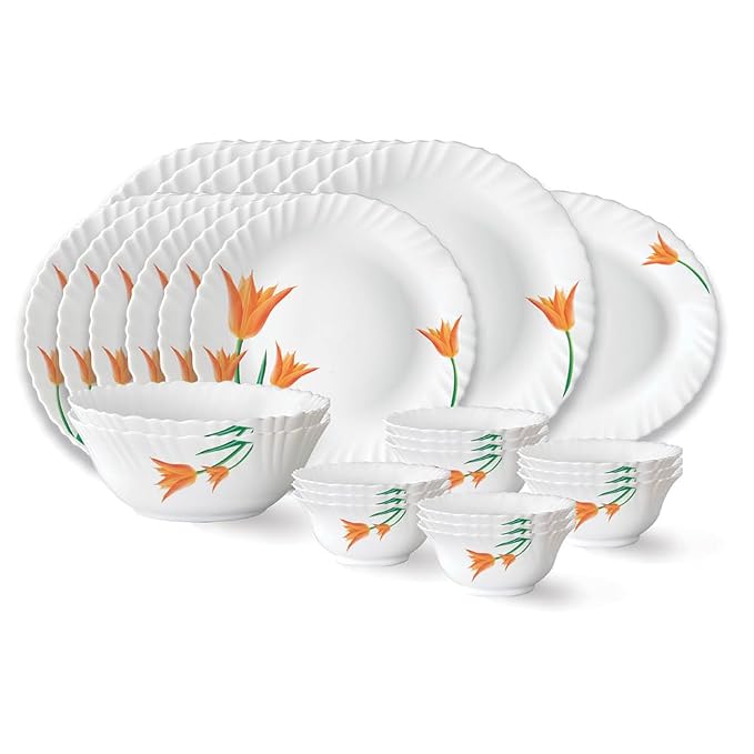 Larah by Borosil Firefly Fluted Series Opalware Dinner Set of 6 Full Plate 6 Quarter Plates 6 Veg Bowls 6 Soup Bowl 2 Serving Bowl and 1 Oval Rice Plate | Bone-Ash Free Crockery Set (White, 27 Pieces)