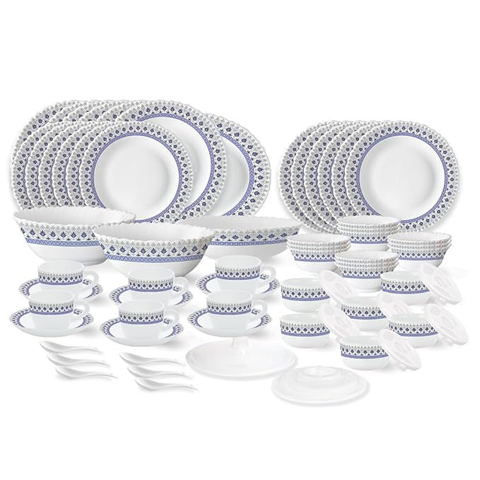 Larah by Borosil Ocean Fluted Series Opalware Dinner Set | 66 Pieces for Family of 6 | Microwave & Dishwasher Safe | Bone-Ash Free | Crockery Set for Dining & Gifting | Plates & Bowls | White