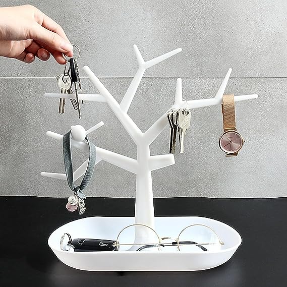 wolpin Plastic Tree Key Holder with Tray White | Decorative Key Hanger for Home Hallway Dressing Table | Multiple Key Hooks with Storage Box | Watch Holder Organiser for Home Décor