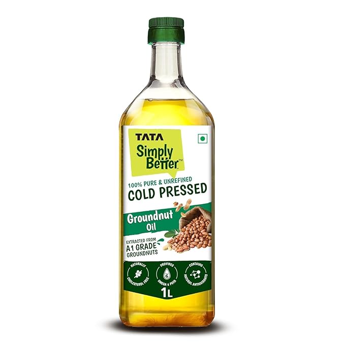 Tata Simply Better Pure & Unrefined Cold Pressed Groundnut (Peanut) Oil,Kolhu/Kacchi Ghani/Mara Chekku/Ganuga,Naturally Cholesterol Free,1L,Groundnut Oil Rich Aroma & Flavour Of Real Groundnuts