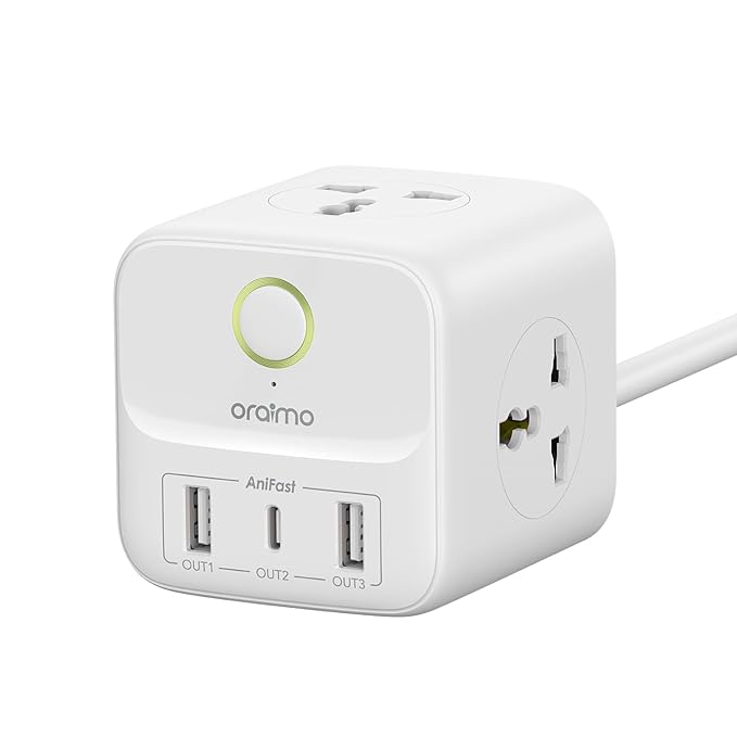 Oraimo Cube Extension Boards with 3 Universal Socket, 2 USB and 1 Type C Fast Charging Port, 20W PD3.0 Quick Charge Desktop Charging Station with 1.5 M Power Cord Multi Protection
