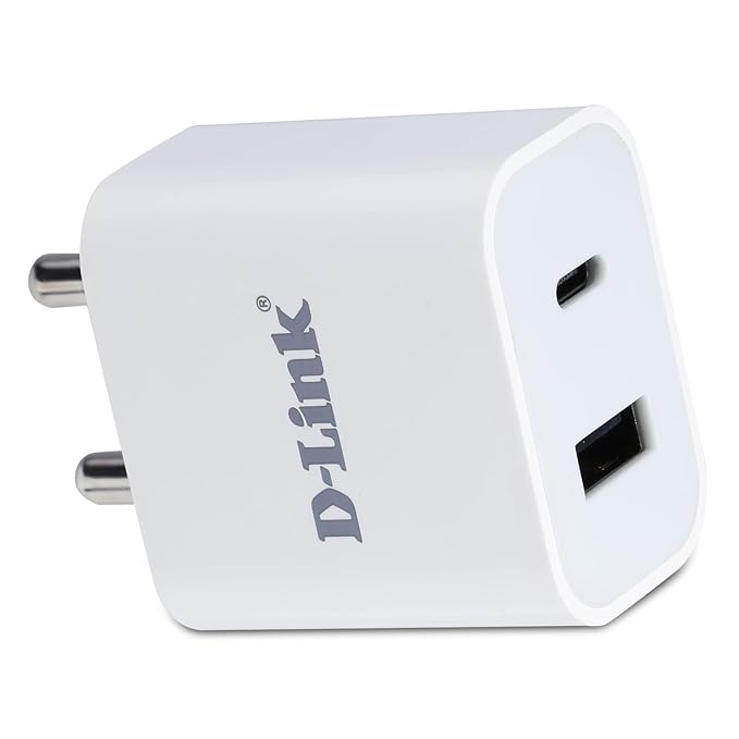 D-Link 20W Dual Port Fast Charger Type-C & USB-A for All Mobiles Phones, Tablets, Power Banks, Smart Watches, Earbuds etc. BIS Certified, Compact Size & Easy to Carry.