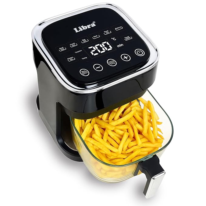 Libra 4.5 Litre Airfryer | Digital Air Fryer With Glass Bowl | Teflon-Free, 8 Presets, 1450W Power | Air Fry, Toast, Grill, Reheat, Dehydrate, & Roast | Visible Window | Smart Air Fryer Oven, Black
