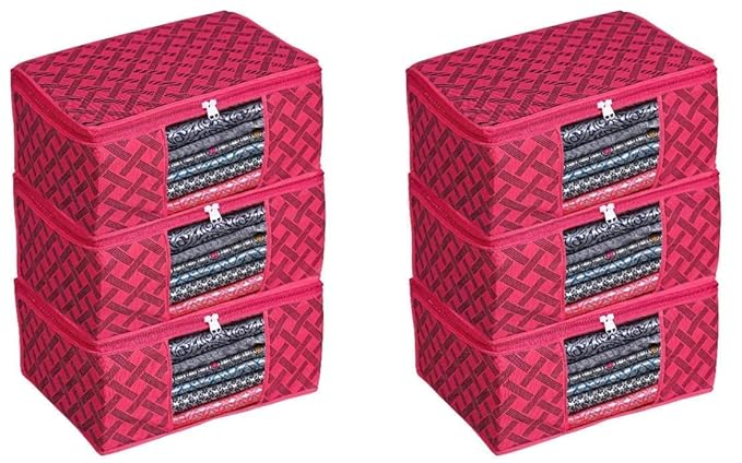Perpetual Saree Organizer For Wardrobe - Foldable Saree Covers With Zip, Multipurpose Storage Bag For Suit, Lehanga, Dress Packing With Transparent Window Pack of 3 Pcs. (redchecker)