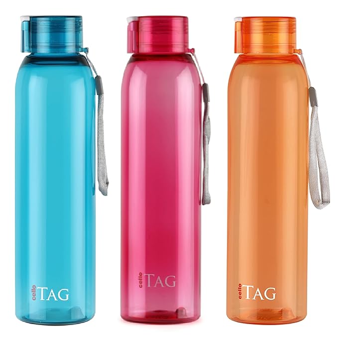 CELLO My Tag PET Water Bottle | 100% food grade | Leak proof and Break proof | Wide Mouth & Leakproof | Break proof & Food Grade Pet Bottle |1000ml | Set of 3, Assorted