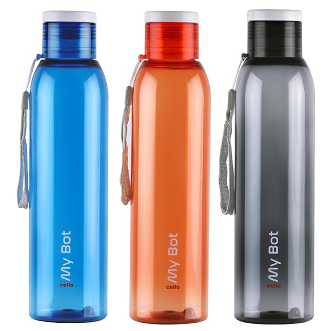 CELLO My Bot PET Water Bottle | 100% food grade | Leak proof and Break proof | Perfect for staying hydrated at the school,college, work, gym Bottle | 1000ml, Set of 3 | Assorted