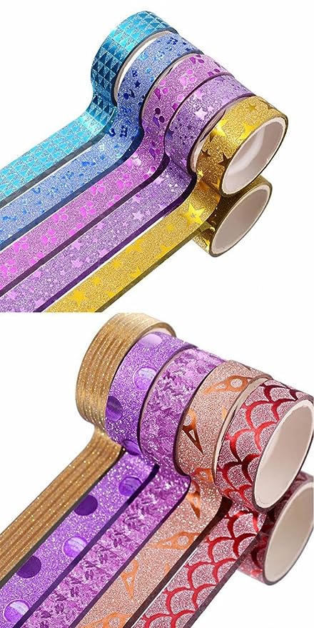 Glun® Adhesive Colorful Glitter Tapes Rolls Decorative Designers Pack of 12 Piece