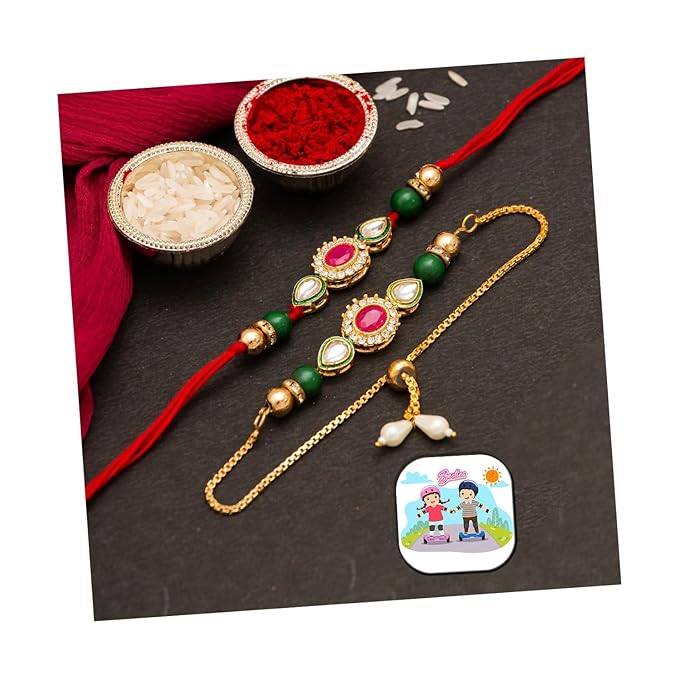 CraftVatika Rakhi Set for Brother and Bhabhi, Lumba Floral Rakhi Kundan Bracelet Rakhis for Bhaiya Bhabhi Raksha bandhan Couple Pearl Rakhis Set of 2 with Fridge Magnet Gift