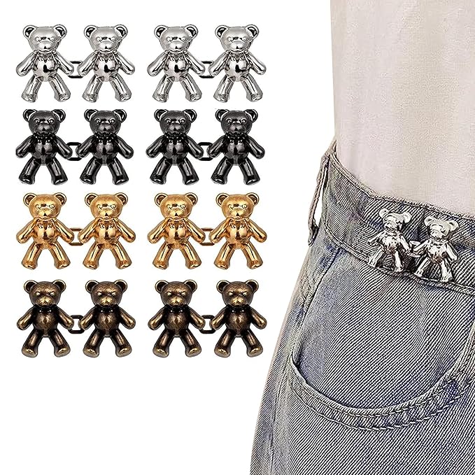 [Apply Coupon] - HEAVY DRIVER® 8pcs Cute Bear Button Pins for Jeans Teddy Bear Button Pins Adjustable Waist Buckle for Loose Jeans Pants, Detachable Buttons for Jeans No Need Sewing Waist Tightener Clip (X)