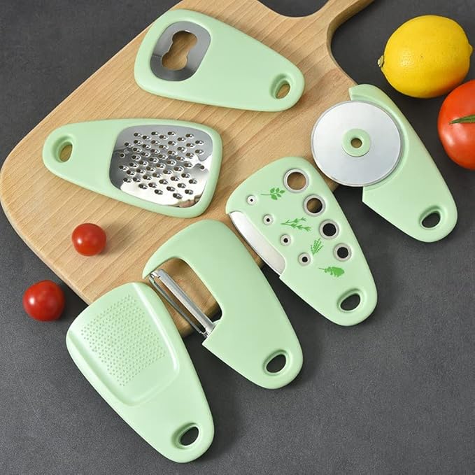 [Apply Coupon] - YELONA Multipurpose Kitchen Gadgets Set 6 Pieces, Space Saving Cooking Tools- Grater, Peeler, Garlic/Ginger Grinder, Bottle Opener, Pizza Cutter, Herb Stripper