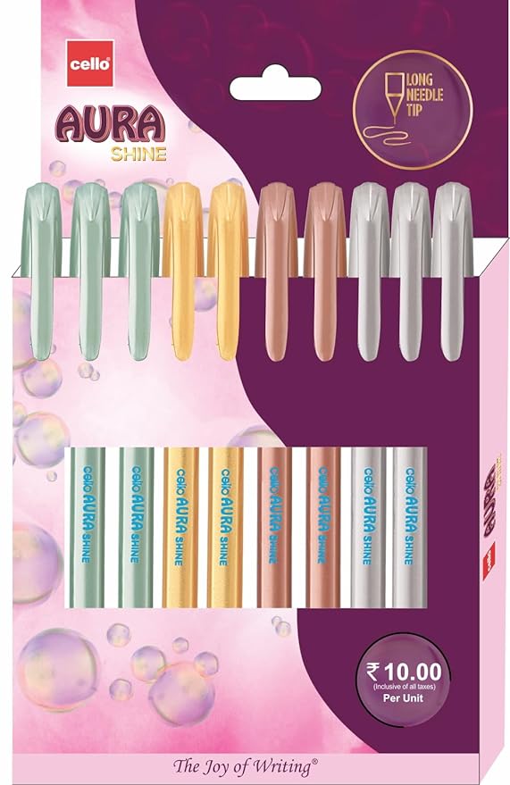 Cello Aura Shine Ball Pen | Blue Ink | Set of 10 Ball Pens | Long Needle Tip and Metallic Body | Best for Students and Professionals| For School and Office use