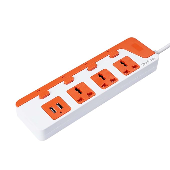 BonKaso 3-Socket Power Strip with Dual USB - 3AC Sockets, 2 USB, 1.5m Cord Length, 1500 W, Compact 26cm Size, Ultra-Light 500g (White & Orange)