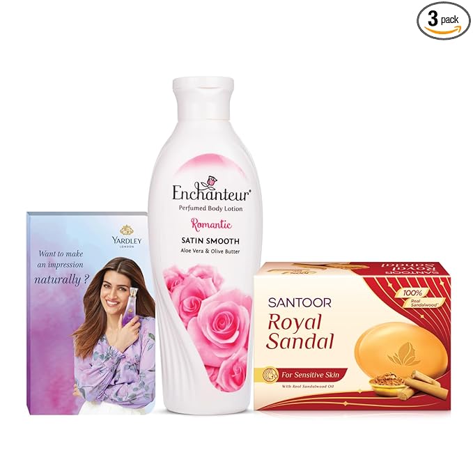 Enchanteur Romantic Hand and Body Lotion 100ml + Yardley Perfume 10ml + Santoor Royal Sandal Soap 75g