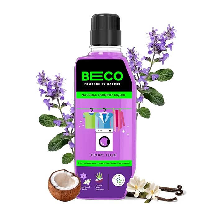 Beco Natural Liquid Detergent Front Load - 960ML Bottle | Tough Stain Removal | Lavender & Vanilla Freshness | Retains Brightness & Shine | Chemical Free | Washing Machine Front Load Liquid