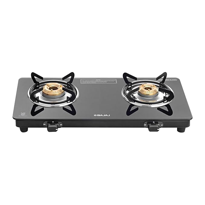 Bajaj UCX 2 Burner Slim Glass Top Gas Stove | Slim Frame Glass Cooktop | 2-Brass Burners | 360 Degree Swivel Nozzle | Stainless Steel Drip Tray Black