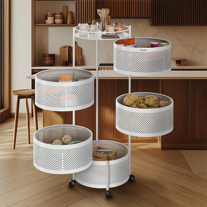 Amazon Brand - Solimo 360° Revolving Preassembled Portable 5 Layer Round Multipurpose Storage Kitchen Rack Carbon Steel Fruit Vegetable & Spice Trolley with Wheels for Kitchen Organizer(Matte, White)