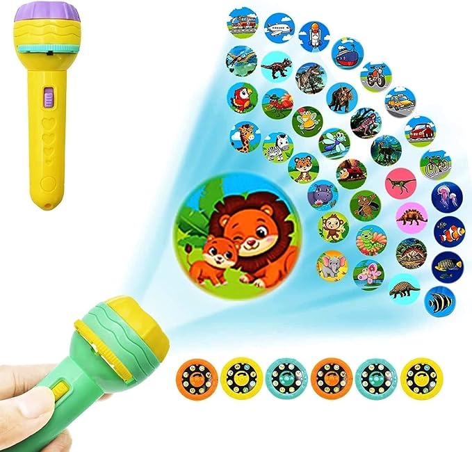 [Apply Coupon] - Storio 3 Slides 24 Patterns Mini Projector Torch Toy Slide Flashlight Projector Torch for Kids Sleeping Story Toys for Toddlers, Educational Learning Toys,Space,Animal &Foods