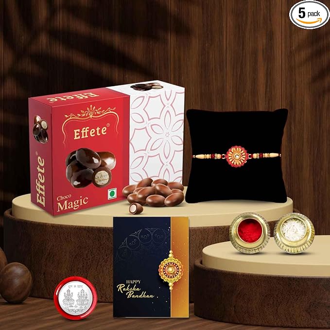 DeoDap Chocolate with Rakhi Set for Brother - Golden & Red Colour Floral Design Rakhi with Choco Magic (32 GM), Silver Colour Pooja Coin & Greeting Card, Traditional Raksha Bandhan Combo for Bhai