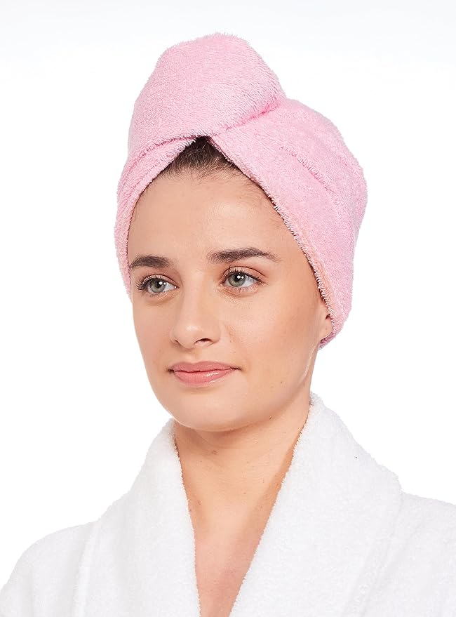 Amazon Brand - Solimo 100% Cotton Hair Towel Wrap | Set of 2 | 380 GSM (Pink + Light Blue)