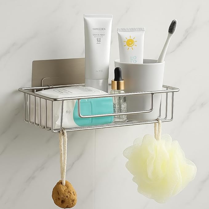 JIALTO Stainless Steel Self-Adhesive Bathroom Organiser with Towel Holder for Bathroom Accessories  -  No Drill, Wall Mount Bathroom Shelf for Wall (26L X 12W X 6H CM, Pack of 1)