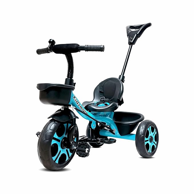 Kidsmate Junior Tricycle for Kids with Parental Control | Cycle for Kids 1-4 Years | Baby Cycle | Bicycle with Storage Basket, Cushion Seat and Seat Belt Carrying Capacity 30 Kgs (Blue)