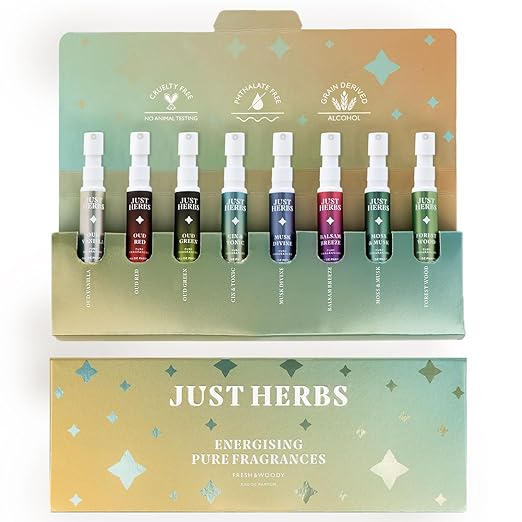 Just Herbs EDP Perfumes Trial Set of 8 x 3ml Long Lasting Pocket Perfume Fragrances for Men and Women (Fresh & Woody)