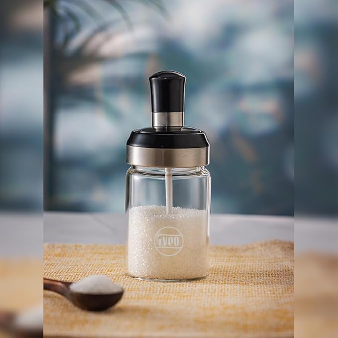Iveo Borosilicate Glass Spice Jar, Spice Up | Spice Bottle with Spoon | for Sugar, Masala, Pickle | for Fresh Storage | Borosilicate Glass Bottle | Easy pouring & Storing | 250 ml, 1 Pc, Clear