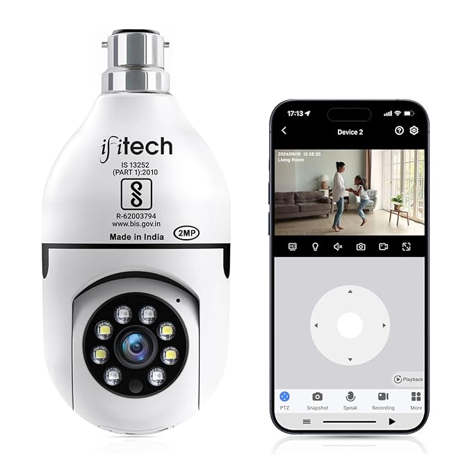 IFITech 1080p HD Smart Wi-Fi CCTV Home Security Camera | Indoor 360° Smart CCTV Camera | Bulb Camera | 256GB SD Card Support (Not Included) | Perfect for Home, Office Monitoring