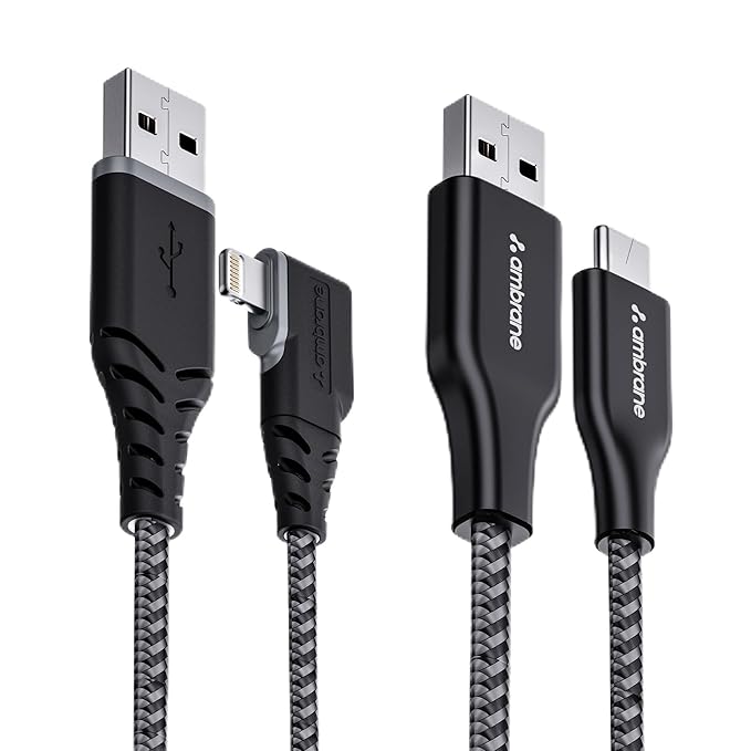 Ambrane Pack Of 2 Usb To Lightning Cable & Type C Cable For Iphone,Smartphones,Laptops,Ipad,Macbook,Imac,Airpods & Other Devices,480Mbps Data Sync,Quick Charge 3.0 (Rct-15 & Abll-125)-1.5Meter Black