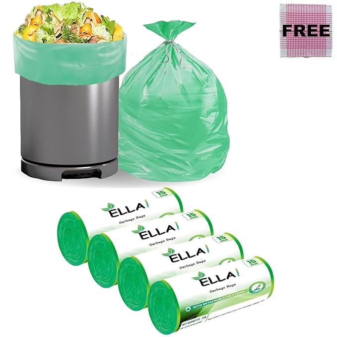 Ella Garbage Bags 24x32 Inches (Large) 60 Bags (4 Rolls) Leak Proof & Tear Resistant Trash Bags for Kitchen Home & Commercial Use -Dustbin Bags For Dry & Wet Waste With Free Check Duster Cloth - Green