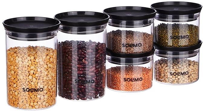 Amazon Brand - Solimo Plastic Storage Jar and Container Set I Air Tight & BPA Free Containers for Kitchen Storage Set I Grocery Kitchen Container, Set 6 (500 ML - 4 Pieces & 900 ML - 2 Pieces), Black