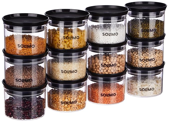 Amazon Brand - Solimo Plastic Storage Jar and Container Set I Air Tight & BPA Free Containers for Kitchen Storage Set I Grocery Kitchen Container Set I Multipurpose Jar, 500 Ml Each, Set 12, Black