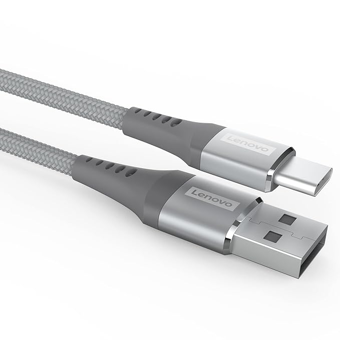 Lenovo USB A to Type-C Tangle-free Aramid fiber braided 1.2m cable with 4A Fast charging & 480 MBPS data transmission, certified 10000+ bend lifespan, Metallic Grey